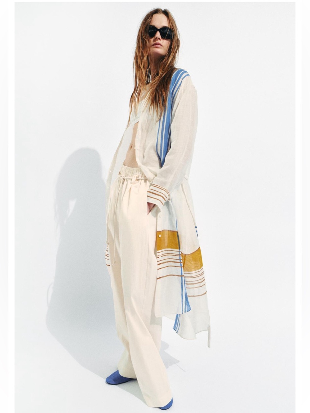 Zara Women's White Ramie Shirt Dress with Blue & Mustard Stripe
